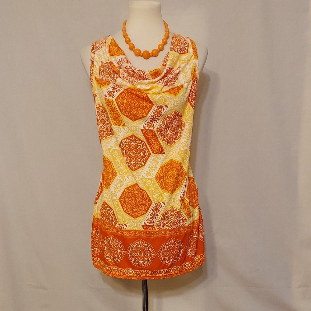 Uniti Orange Geometric Pattern Drape Front Skeeveless Top